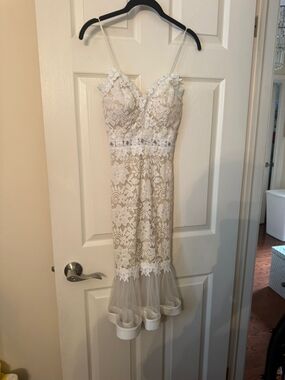 Fashion Nova Ivory Lace Midi Dress with Tulle Hem